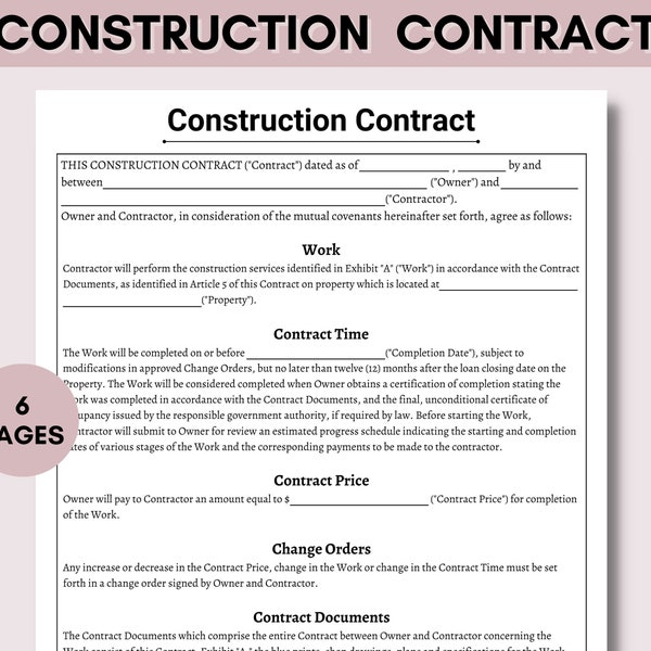 Construction Contract, Printable Construction Template - Handyman, Contract Template, Contractor agreement, renovation, remodeling contract