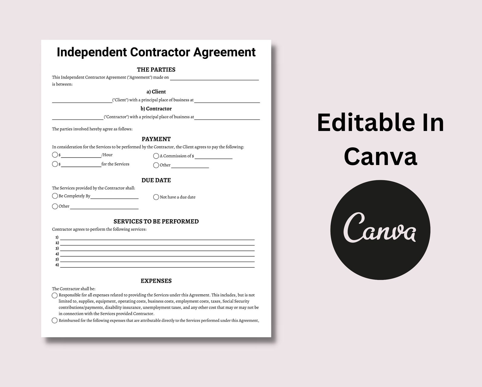 666 Contract Printable Independent Contractor Agreement, Editable Business Contract ...