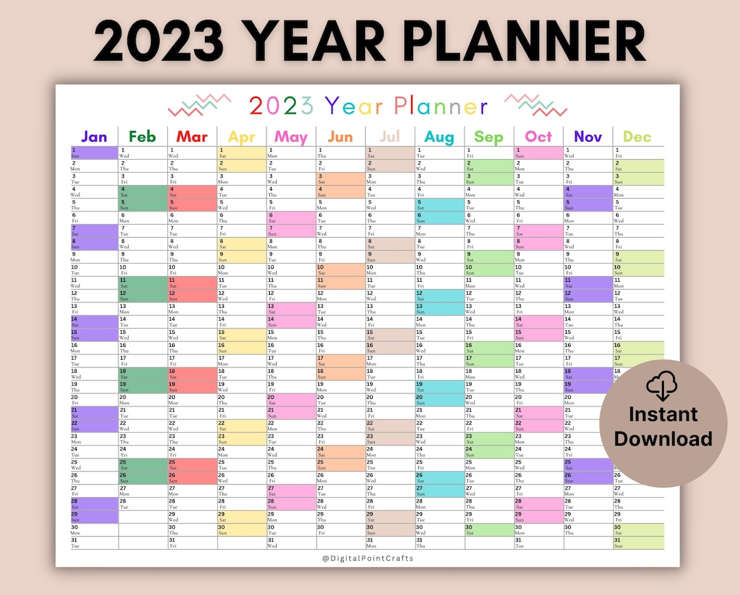 Printable 2023 Year Planner, Editable Yearly Planner on 1 Page Landscape, Vertical Planner
