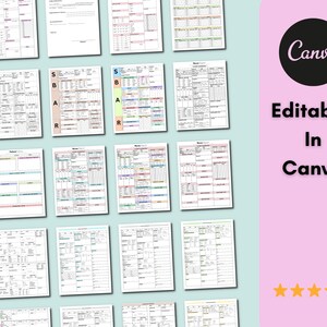 May include: A set of 12 printable planner pages in a light blue, pink, and green colour scheme. The pages are designed for use with Canva and feature a variety of layouts and sections for planning, scheduling, and tracking goals. The pages are labelled with the letters S, B, A, and R, which may stand for "Schedule", "Brain Dump", "Action", and "Review".