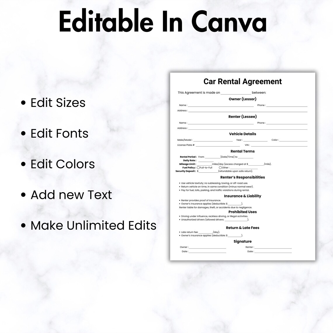 Simple Car Rental Form Word Simple Car Rental Agreement Template, One Page Car Rental Contract ...