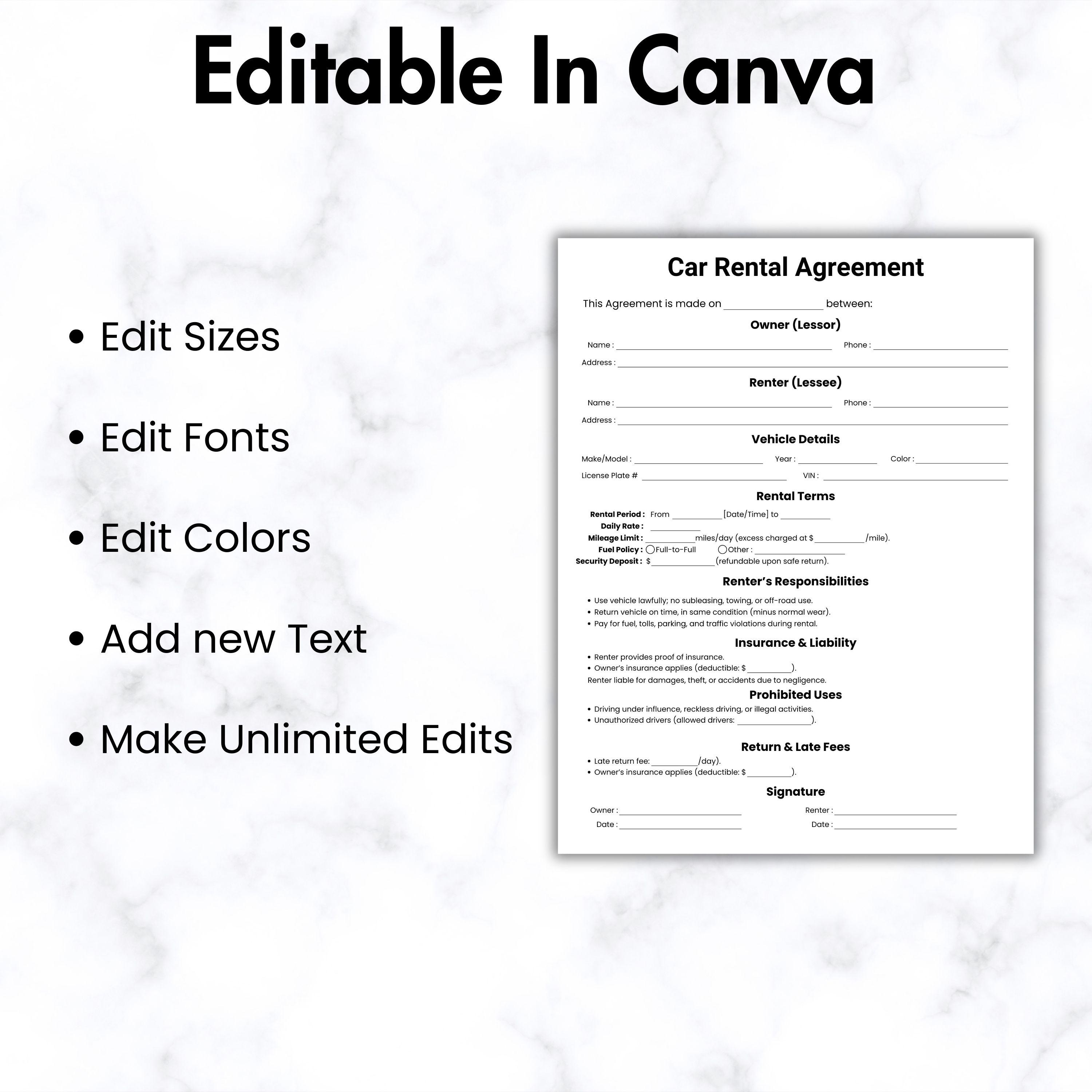 Simple Car Rental Agreement Template, One Page Car Rental Contract ...
