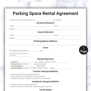 Simple Parking Space Rental Agreement, One Page Lease Contract Form Template, Printable & Editable RV Parking Lease, Parking Space Contract