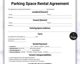 Simple Parking Space Rental Agreement, One Page Lease Contract Form Template, Printable & Editable RV Parking Lease, Parking Space Contract