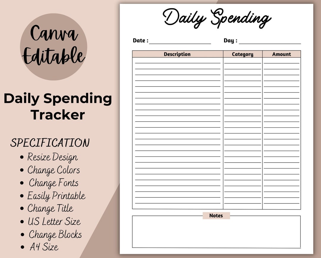 Daily Spending Tracker, Printable Spending Tracker, Expense Tracker