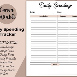 Daily Spending Tracker, Printable Spending Tracker, Expense Tracker, Spending Log, Purchase Recorder, Transaction Log A4 Letter PDF