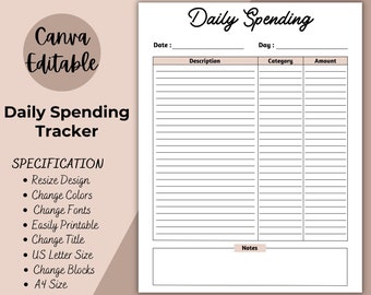 May include: A printable daily spending tracker template with sections for date, day, description, category, amount, and notes. The template is designed for use with Canva and is easily customizable.