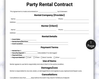 Simple Party Rental Contract, One Page Party Planning Rental Form, Printable & Editable Party Rental Agreement Template Instant Download