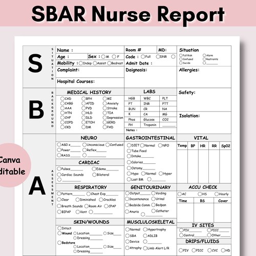 Hoja de informe de enfermería SBAR, hoja de informe de enfermería de cirugía médica imprimible para la UCI cerebral, hoja de enfermería RN, enfermera recién graduada con telemetría y registro de tareas pendientes