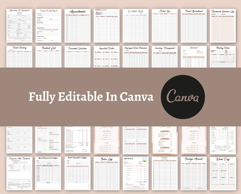 Pu&ograve; includere: Una raccolta di 18 pagine di pianificatore stampabili progettate per l'uso con Canva. Le pagine sono bianche con testo nero e includono titoli come "Appuntamenti", "Saldo bancario", "Elenco contatti clienti", "Registro pagamenti affitto", "Registro vendite" e "Fattura".