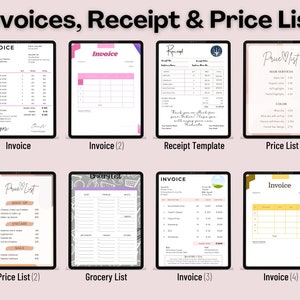 May include: A collection of eight digital templates for invoices, receipts, and price lists. The templates feature a variety of designs, including pink, yellow, and green colour schemes. The templates are designed for use in a variety of businesses, including hair salons, restaurants, and retail stores.