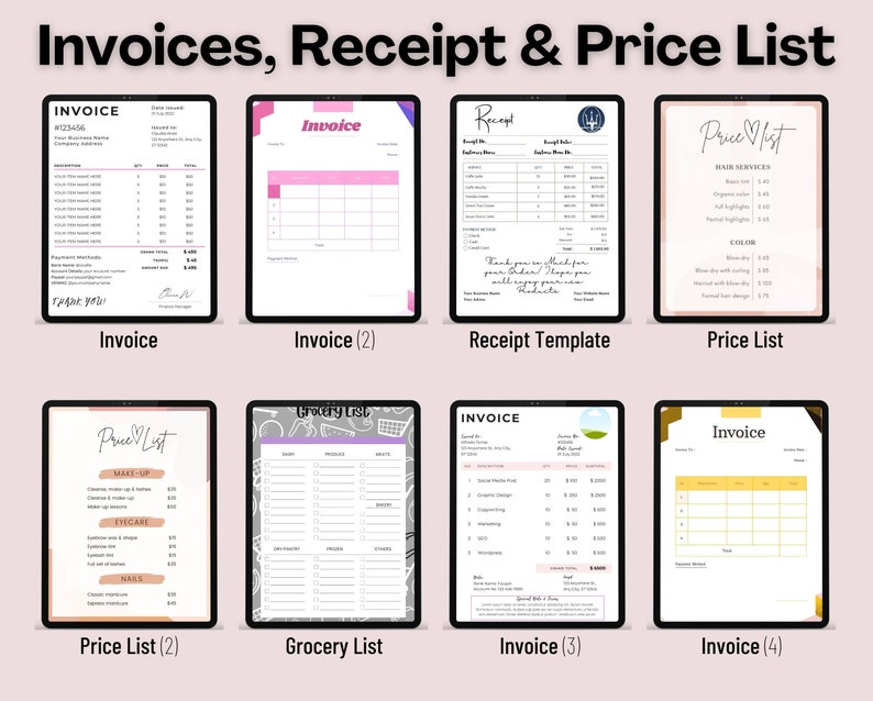 May include: A collection of eight digital templates for invoices, receipts, and price lists. The templates feature a variety of designs, including pink, yellow, and green colour schemes. The templates are designed for use in a variety of businesses, including hair salons, restaurants, and retail stores.