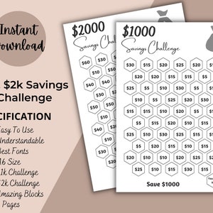 Peut inclure: Deux feuilles de défi d'épargne imprimables en noir et blanc. Les feuilles sont conçues pour aider les gens à économiser 1 000 € ou 2 000 €. Les feuilles présentent un motif en nid d'abeille avec des montants en euros dans chaque cellule. Le texte "Économiser 1 000 €" et "Vous avez réussi !" se trouve en bas de la feuille de 1 000 €.