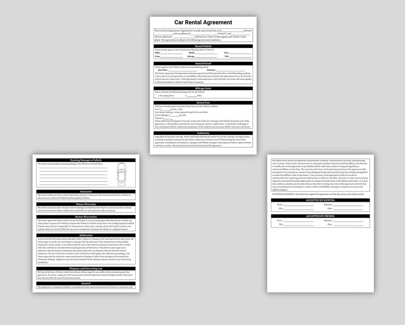 May include: A black and white car rental agreement form with sections for renter and owner information, vehicle details, mileage limits, existing damage, insurance, and indemnity. The form includes a section for the renter and owner to accept the agreement.