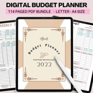 May include: A digital budget planner with a pink and brown colour scheme. The planner features a butterfly design and the text "Ultimate Budget Planner 2022" on the cover. The planner includes pages for tracking income, expenses, and savings.