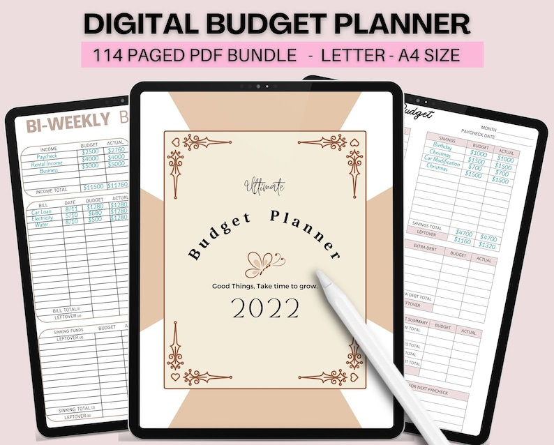 May include: A digital budget planner with a pink and brown colour scheme. The planner features a butterfly design and the text "Ultimate Budget Planner 2022" on the cover. The planner includes pages for tracking income, expenses, and savings.