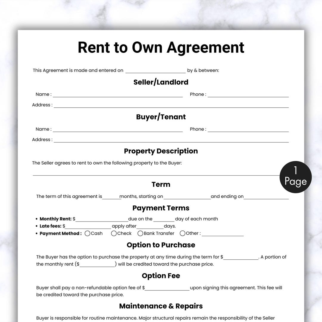 Simple Rent to Own Agreement, One Page Purchase Option Agreement Form ...