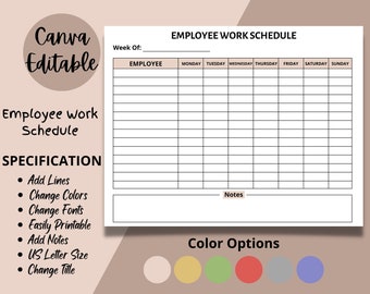 Employee Work Schedule, Editable Employee Time Sheet, Employee Schedule, Employee Scheduling, Employee Organizer, Employee Work Organizer