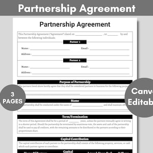 Printable Partnership Agreement Template, Editable Agreement for LLC, Partnership Agreement for ...