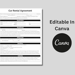 May include: A black and white printable car rental agreement form. The form includes sections for rental vehicle details, rental period, mileage limit, rental fees, and indemnity.