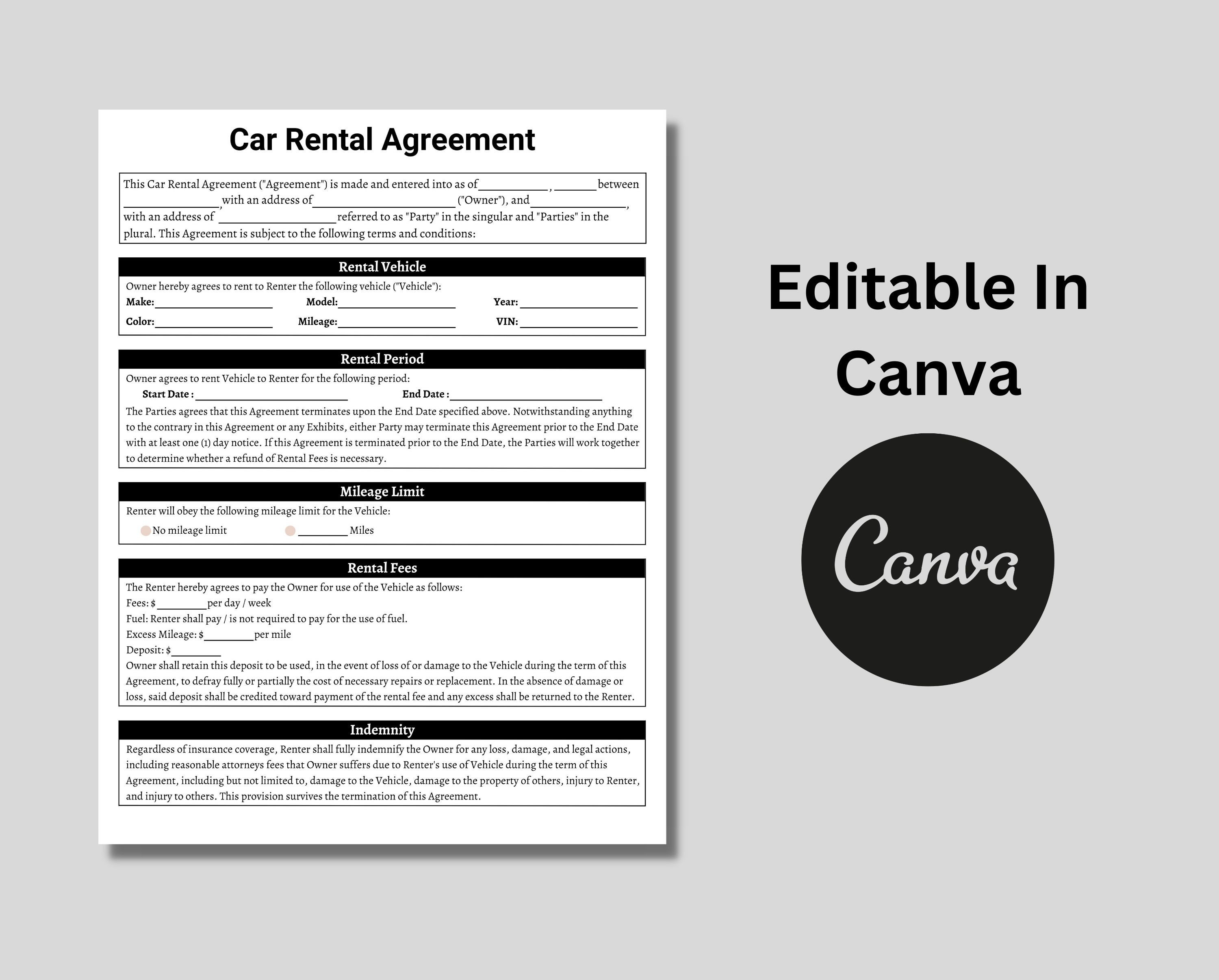 Car Rental Agreement Car Rental Contract Printable Vehicle Lease