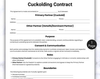 Simple Cuckolding Contract, One Page Cuckold Agreement with Detailed Clauses Form Canva, Printable & Editable consensual Form