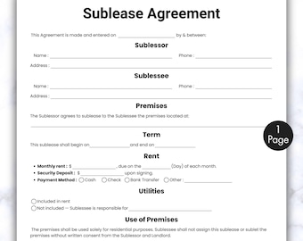 Simple Sublease Agreement, One Page Commercial Sublet Contract Form Template, Printable & Editable Residential Sublease Agreement, Canva