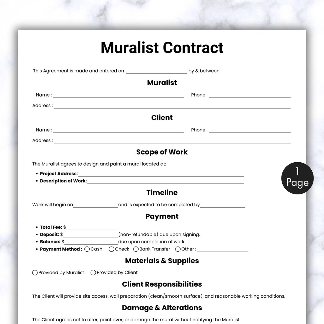 Simple Muralist Contract, One Page Mural Services Form, Printable ...