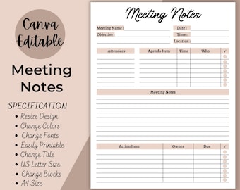 Meeting Notes Template, Editable Meeting Minutes, Printable Business Project Record, Agenda, Productivity Planner  Note Taking, Zoom, Canva