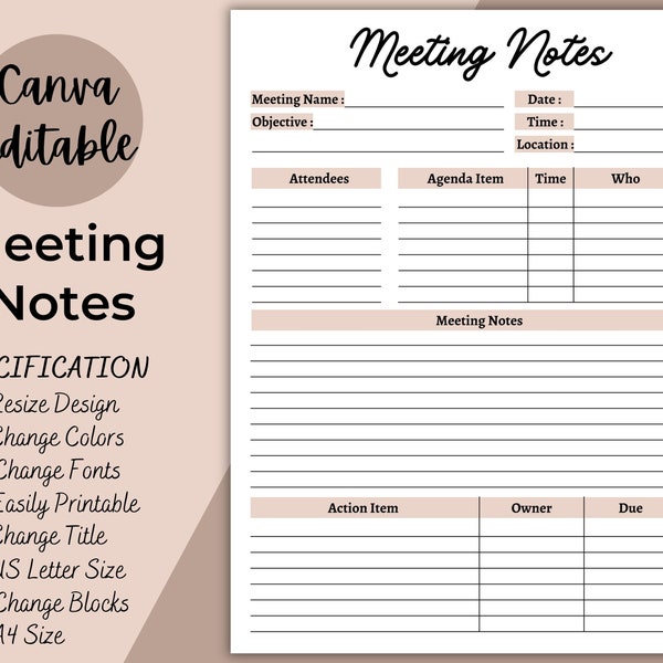 Meeting Notes Template, Editable Meeting Minutes, Printable Business Project Record, Agenda, Productivity Planner  Note Taking, Zoom, Canva