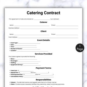 Eenvoudige cateringcontractsjabloon, één pagina cateringservicecontract, afdrukbare en bewerkbare pdf-bestand horeca- en foodserviceovereenkomst