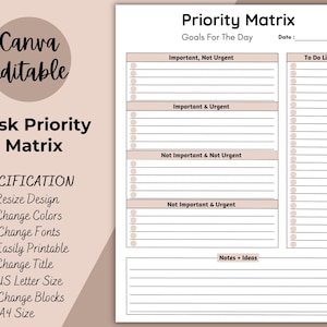 May include: A printable task priority matrix template with a beige background. The matrix is divided into four quadrants: Important & Urgent, Important & Not Urgent, Not Important & Urgent, and Not Important & Not Urgent. Each quadrant has a list of blank lines for writing tasks. There is also a section for notes and ideas and a to-do list.