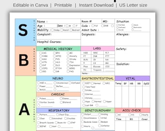 SBAR-Krankenschwester-Diagramm, SBAR-Gehirnblatt, Med Surg Icu Rn, bearbeitbarer Studentenblattbericht, Sbar-Krankenschwester-Gehirnblatt, Gehirnübergabeschicht