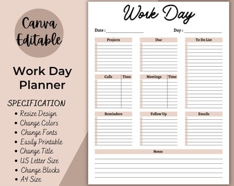 Work Day Planner | Printable and Editable Work Day Organiser | Office Task Planner | Office Organizer | Log | Work To Do List Daily Planner