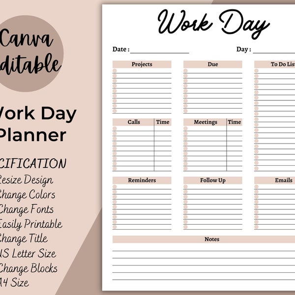 Work Day Planner | Printable and Editable Work Day Organiser | Office Task Planner | Office Organizer | Log | Work To Do List Daily Planner