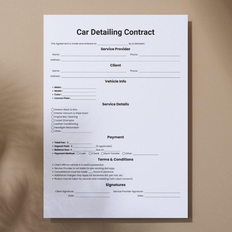 Simple Car Detailing Contract, One Page Auto Detailing Agreement Form ...