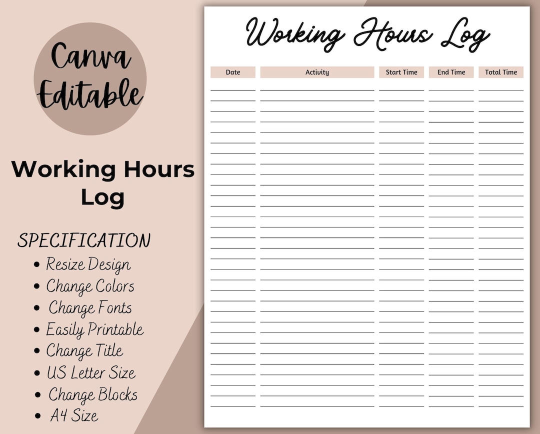 Work Log, Printable Time Log Tracker, Editable Task Working Hours ...