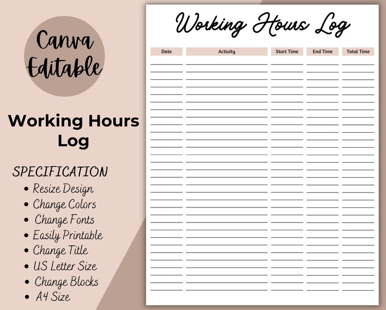 Work Log, Printable Time Log Tracker, Editable Task Working Hours ...