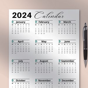 2024 Calendar, 2024 Large Calendar, 2024 Printable Wall Calendar, 2024 Planner, Large Digital Calendar, One Page Minimalist Calendar PDF