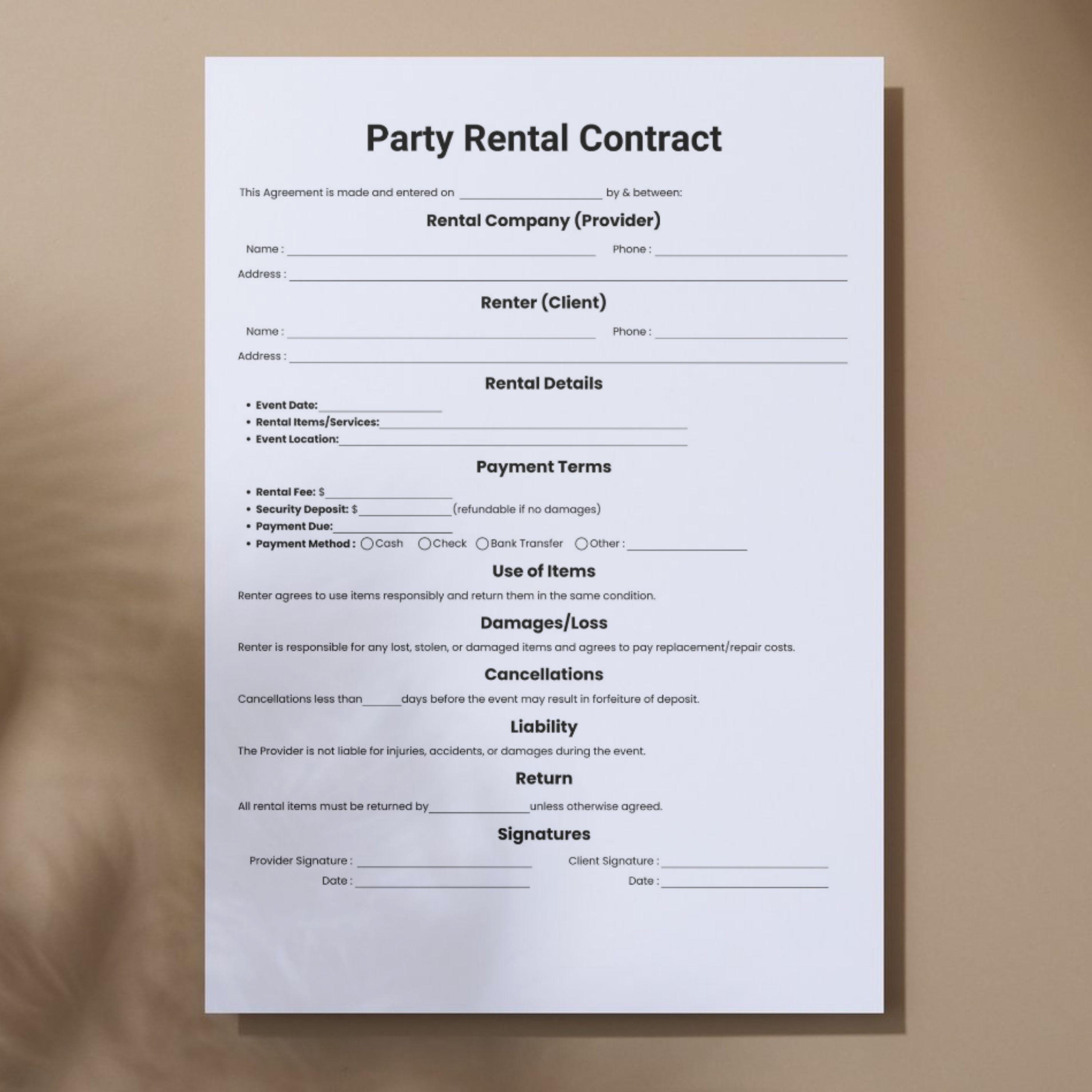 Event Rental Agreement Example Simple Party Rental Contract, One Page Party Planning Rental Form ...