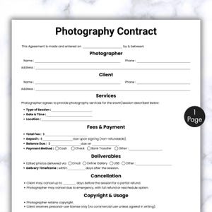 Simple Photography Contract, One Page Contract for Photographers Event Template, Printable & Editable Client Wedding Agreement Form