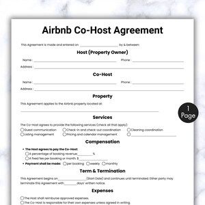 May include: A black and white Airbnb Co-Host Agreement form. The document includes sections for Host and Co-Host details, services, compensation, and terms. The text includes "Guest communication", "Listing management", and "Cleaning coordination".