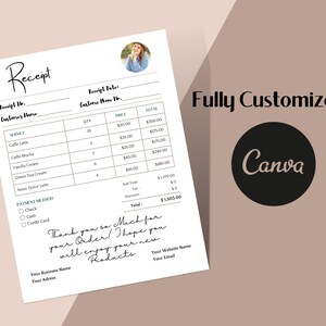 May include: A white receipt with a black handwritten title "Receipt". The receipt lists various coffee drinks with prices and quantities. The total amount is $1,503.00. The receipt also includes a payment method section with options for check, cash, and credit card.