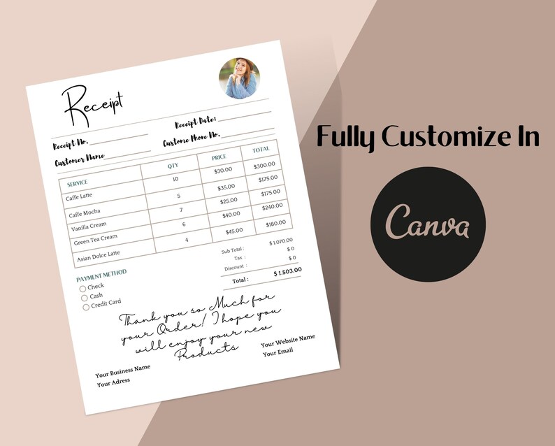 May include: A white receipt with a black handwritten title "Receipt". The receipt lists various coffee drinks with prices and quantities. The total amount is $1,503.00. The receipt also includes a payment method section with options for check, cash, and credit card.
