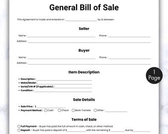 Modello di atto di vendita generale semplice, modello di atto di vendita di una pagina, atto di vendita personalizzabile, stampabile e modificabile, contratto di acquisto