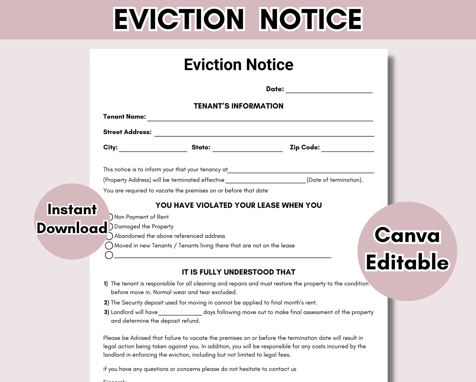 Eviction Notice Template | Printable Notice to Vacate Template | Lease ...