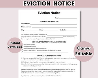 Eviction Notice Template | Printable Notice to Vacate Template | Lease termination form | Editable Landlord Rental Contract | PDF download