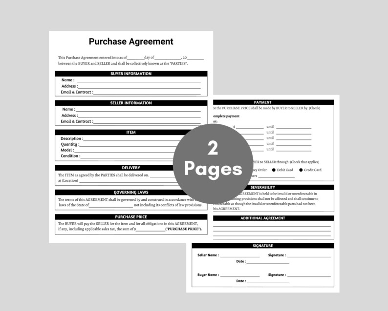 Printable Purchase Agreement, Editable Purchase and Sale Contract ...