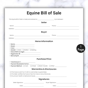 May include: A printable Equine Bill of Sale template on white paper. The document includes sections for seller and buyer information, horse details, purchase price, and warranties. The title "Equine Bill of Sale" is at the top.