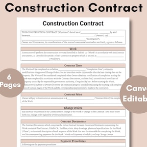 Printable Construction Contract - Construction Template - Handyman, Contract Template, Contractor agreement, renovation, remodeling contract